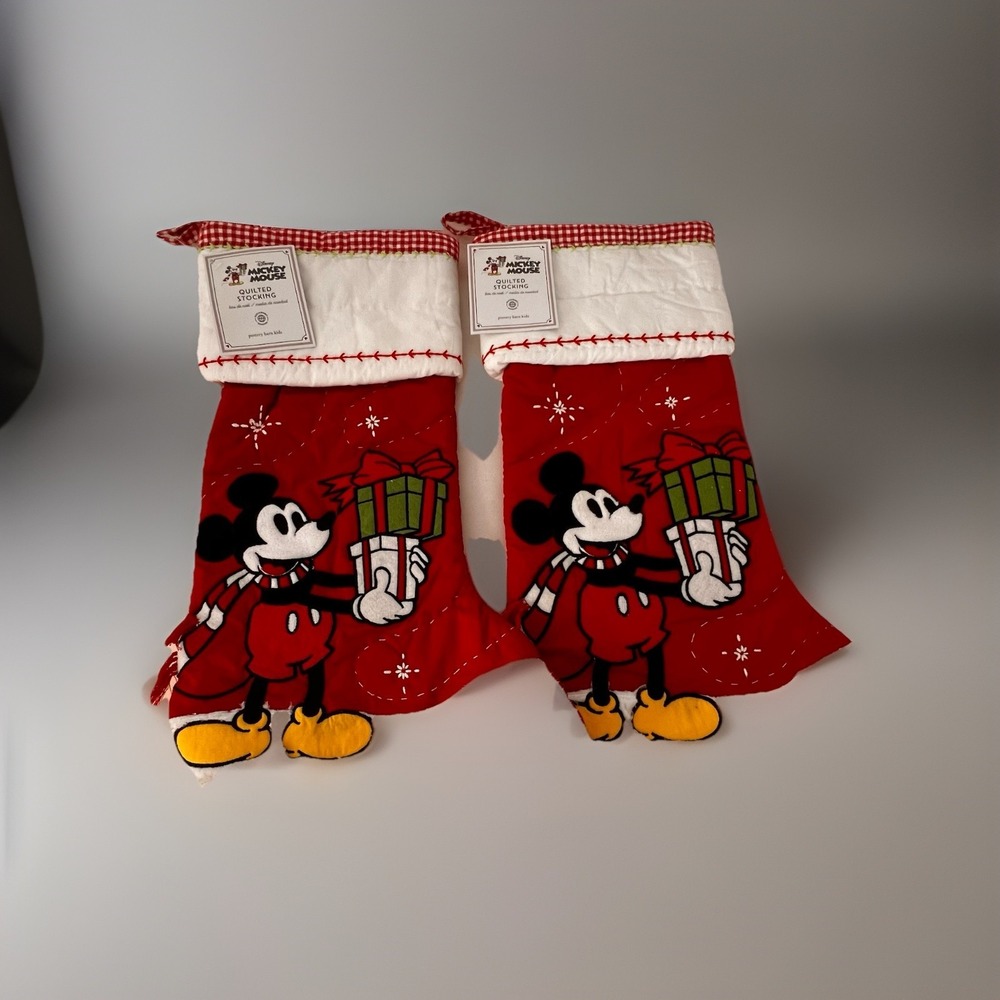 2 Disney‎ Mickey Mouse Christmas Stockings Pottery Barn Kids Quilted NWT